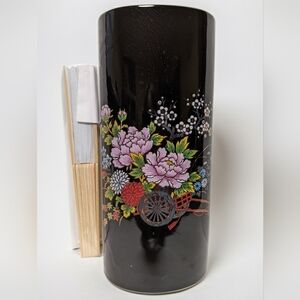Vtg Japanese black ceramic vase with painted flowers gold plated rims.